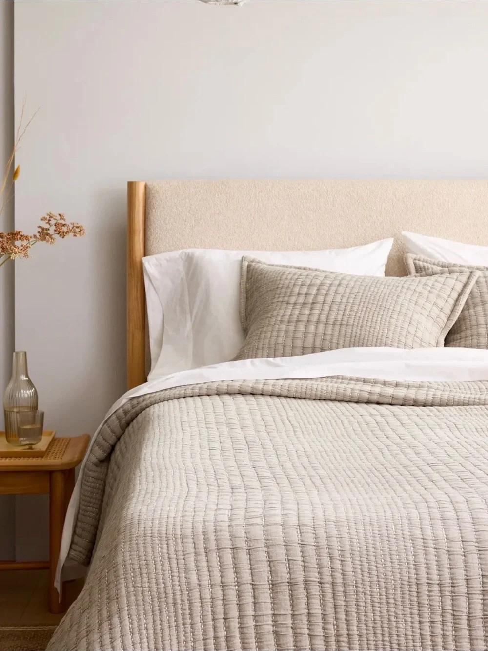 NWOT Organic Cotton Taupe Channel Stitched Coverlet and Shams - Retail $174
